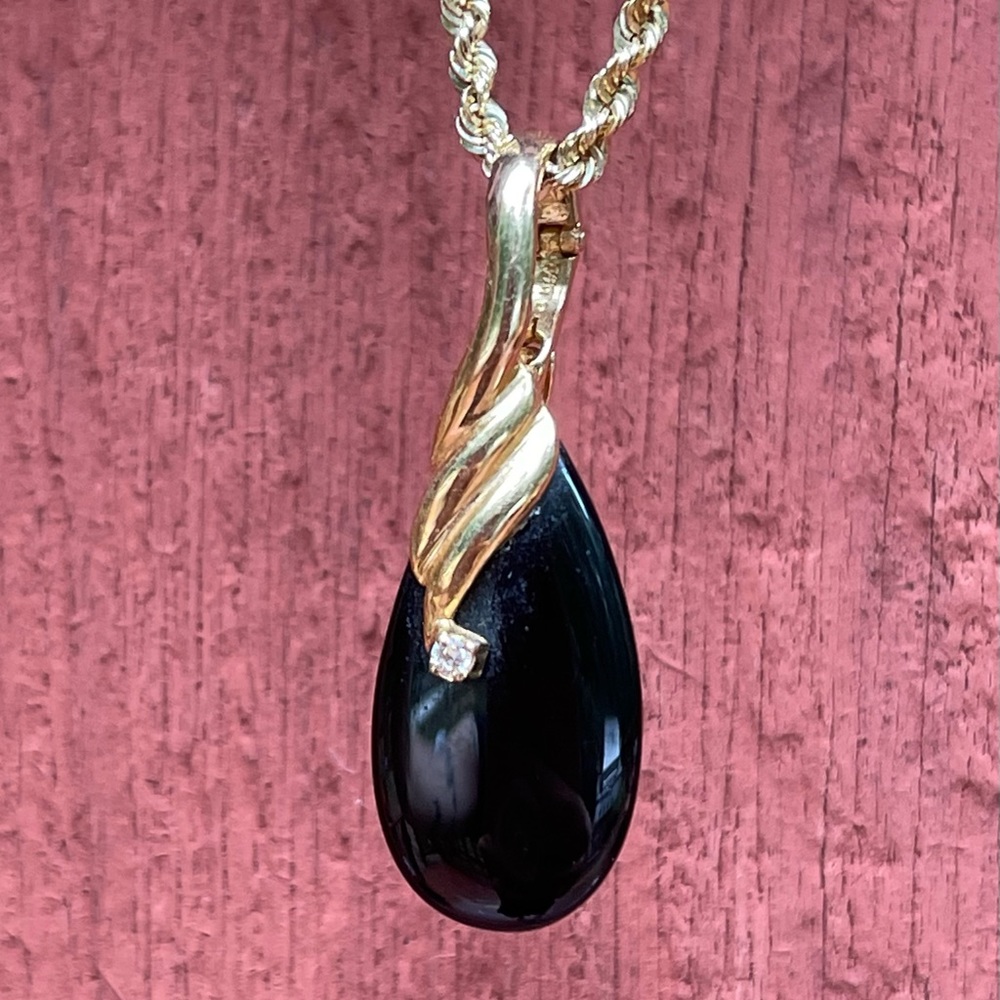 Solid 14k Yellow Gold Onyx and Diamond Pendant / Enhancer